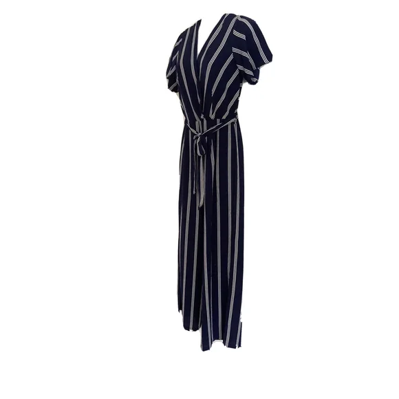 Monteau Los Angeles Sz M Blue White Stripe Casual/Lounge Jumpsuit Slit Wide Leg - Picture 10 of 10